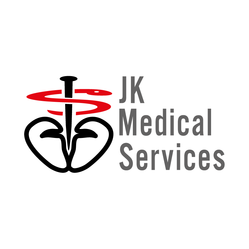 Logo von JK Medical Services mit Herz und Nadel symbolisiert medizinische Dienstleistungen.